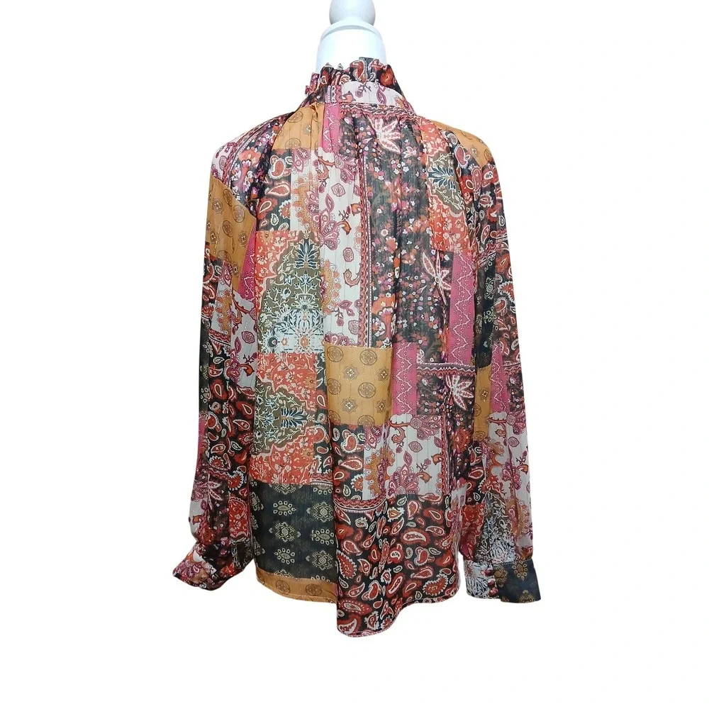 Entro Women PatchworkPaisley RuffleNeckLurex ButtonDown BlouseOrangeMediumOrange - Picture 5 of 10